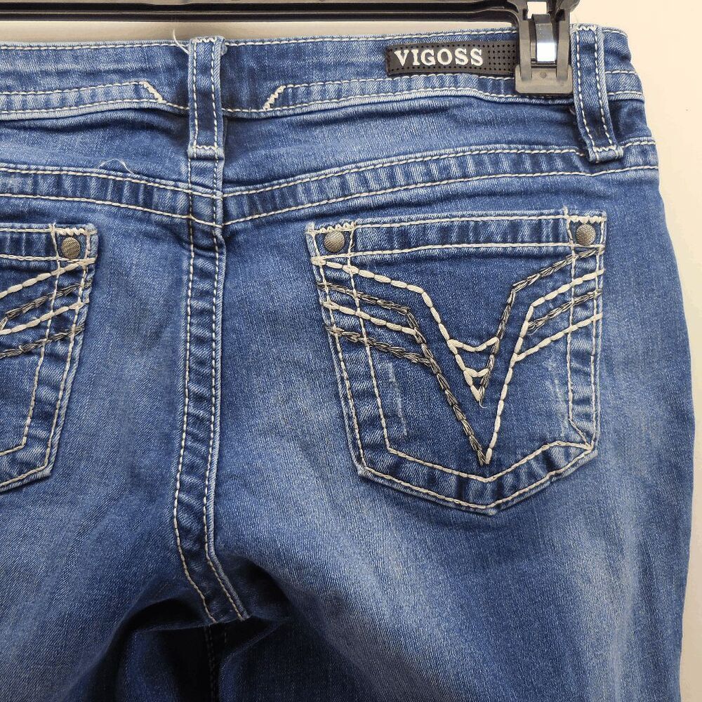 Vigoss The Chelsea Slim Boot Jeans Women's Size 7/8‎ Dark Blue Embroidered Denim
